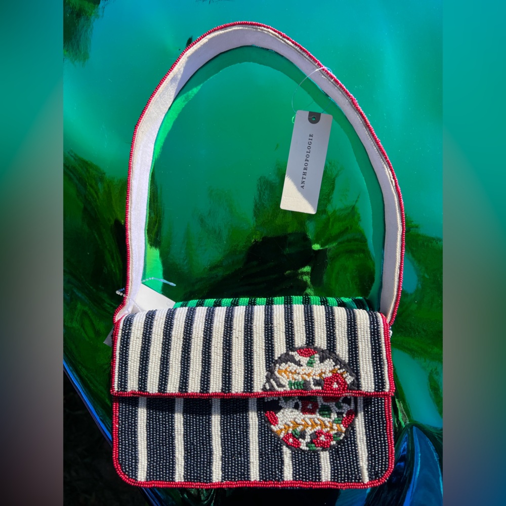 ⚾️NWT Anthropologie Fiona Red White Blue Striped Beaded Baseball Shoulder Bag